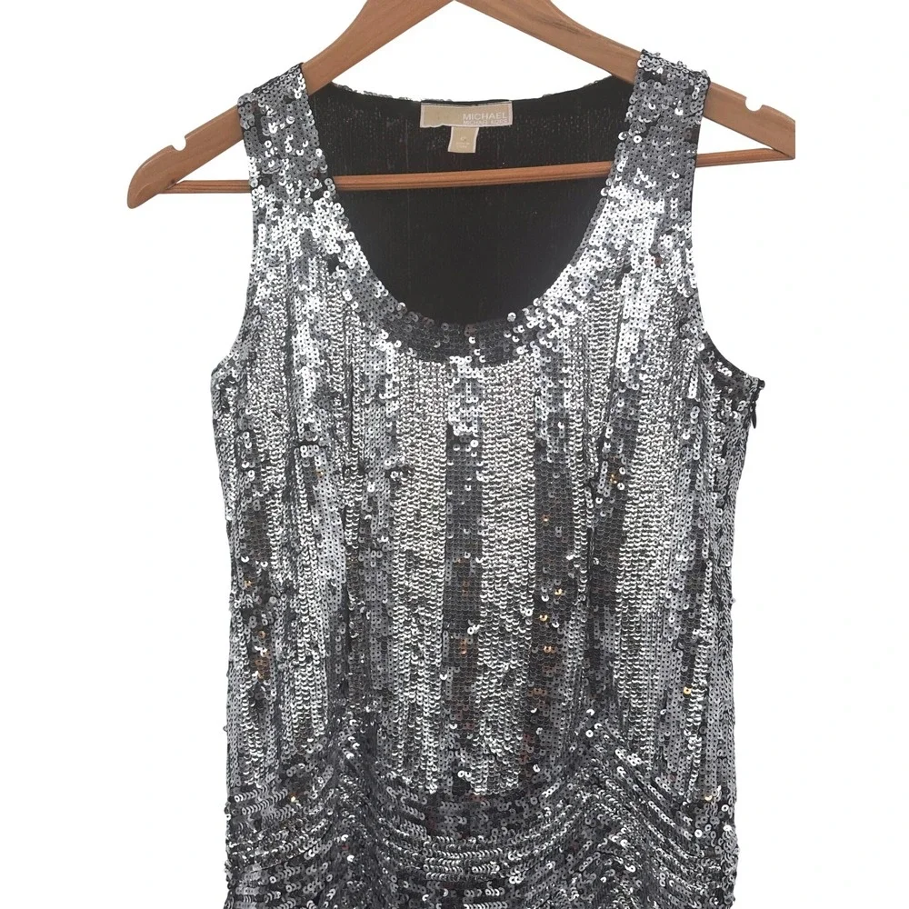Michael Kors Dress Sequin Women Size 0 Silver Metallic Sleeveless‎ Evening Short
